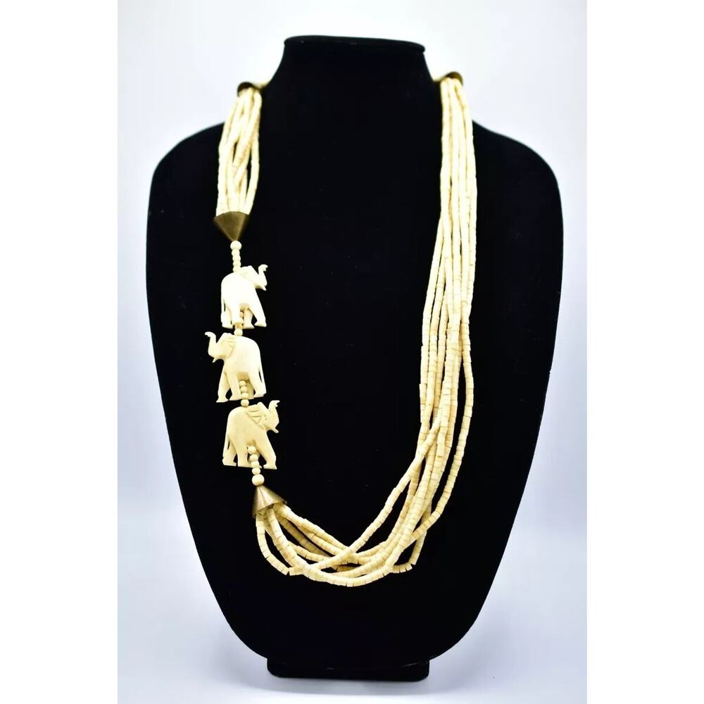 Statement Elephant‎ Necklace Vintage Beaded Cream Costume Carved Shell